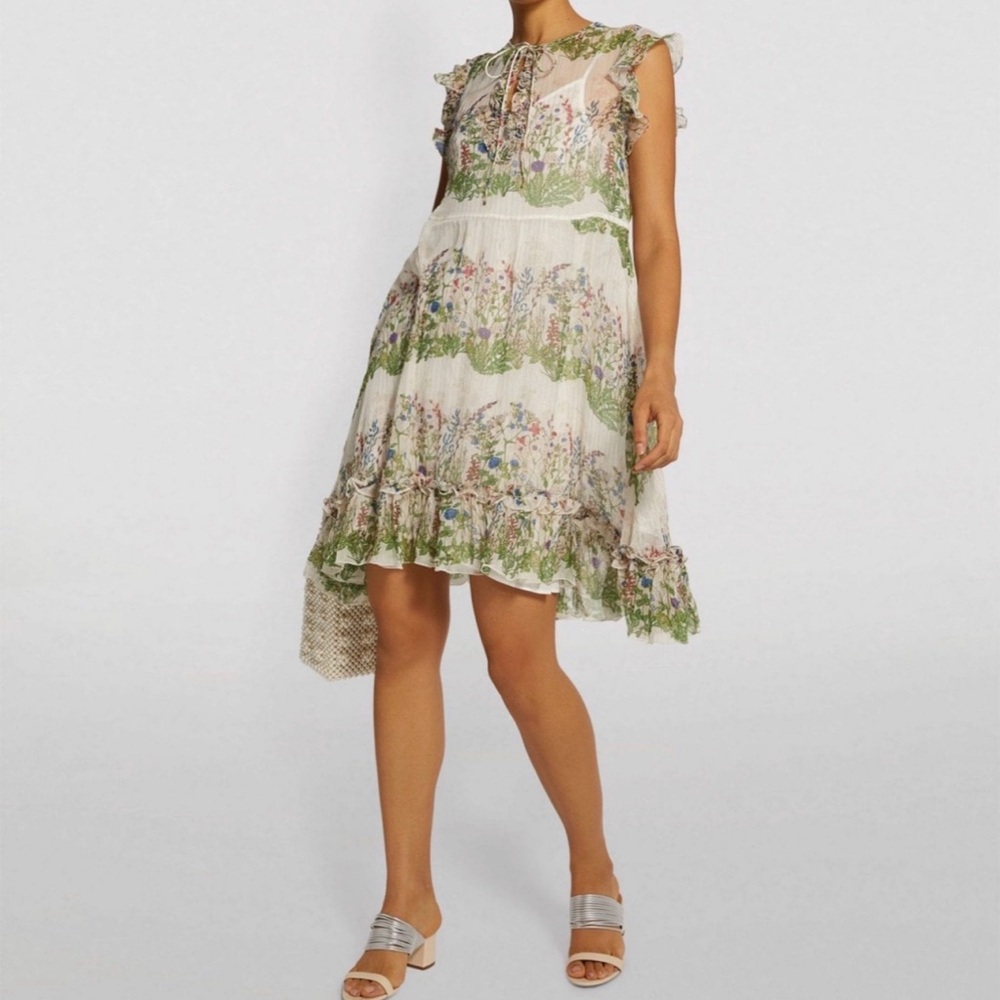 Maje Green and White Tiered Ruffled Mini Dress